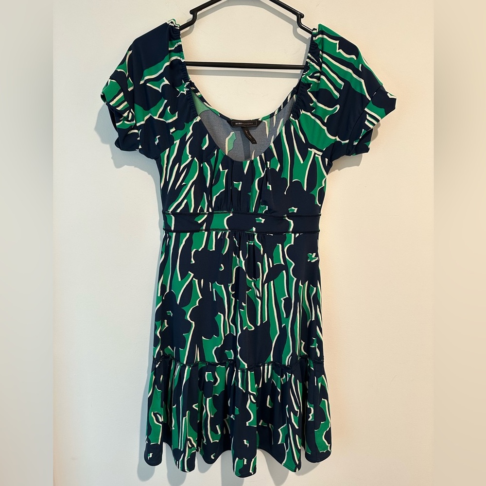 Bcbgmaxazria floral print dress S Navy blue Green Flounce Cap Sleeve Scoop Neck